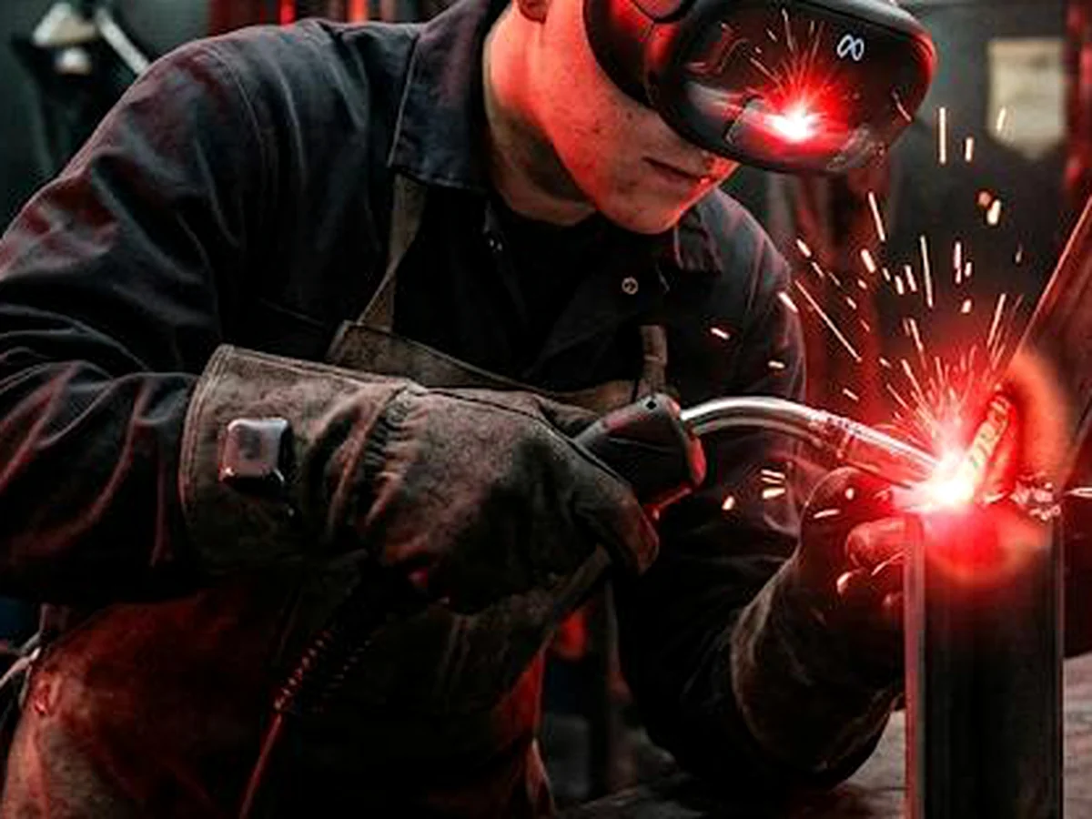 Persona con careta y antorcha de soldadura, con chispas y parámetros de la práctica proyectados en realidad aumentada.